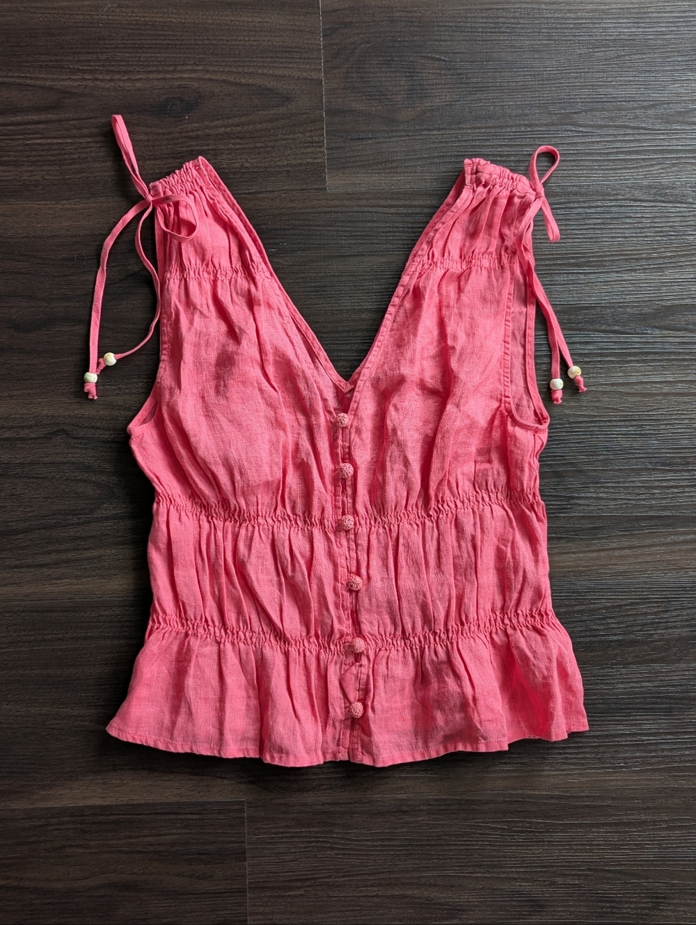 Cynthia Rowley Pink 100% Linen Top M Smocked Tie Shoulder Coastal Boho
